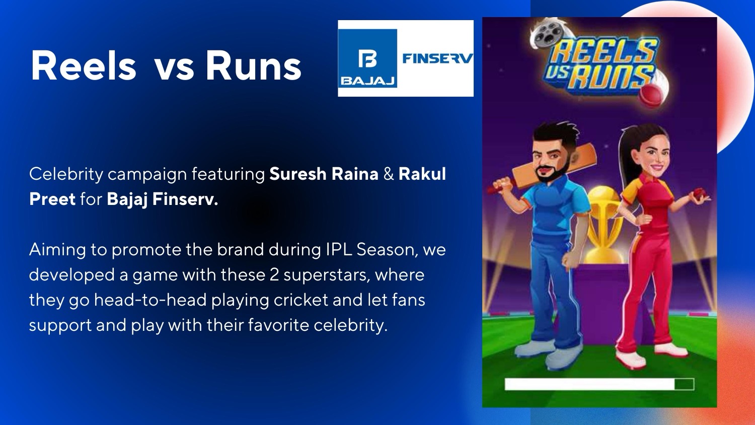Reels vs Runs game key art with Suresh Raina and Rakul Preet